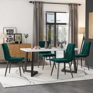 Essgruppe (5 stuks), Rechthoekige eettafel 117×68 cm met 4 donkergroene fluwelen stoelen, zwarte metalen poten