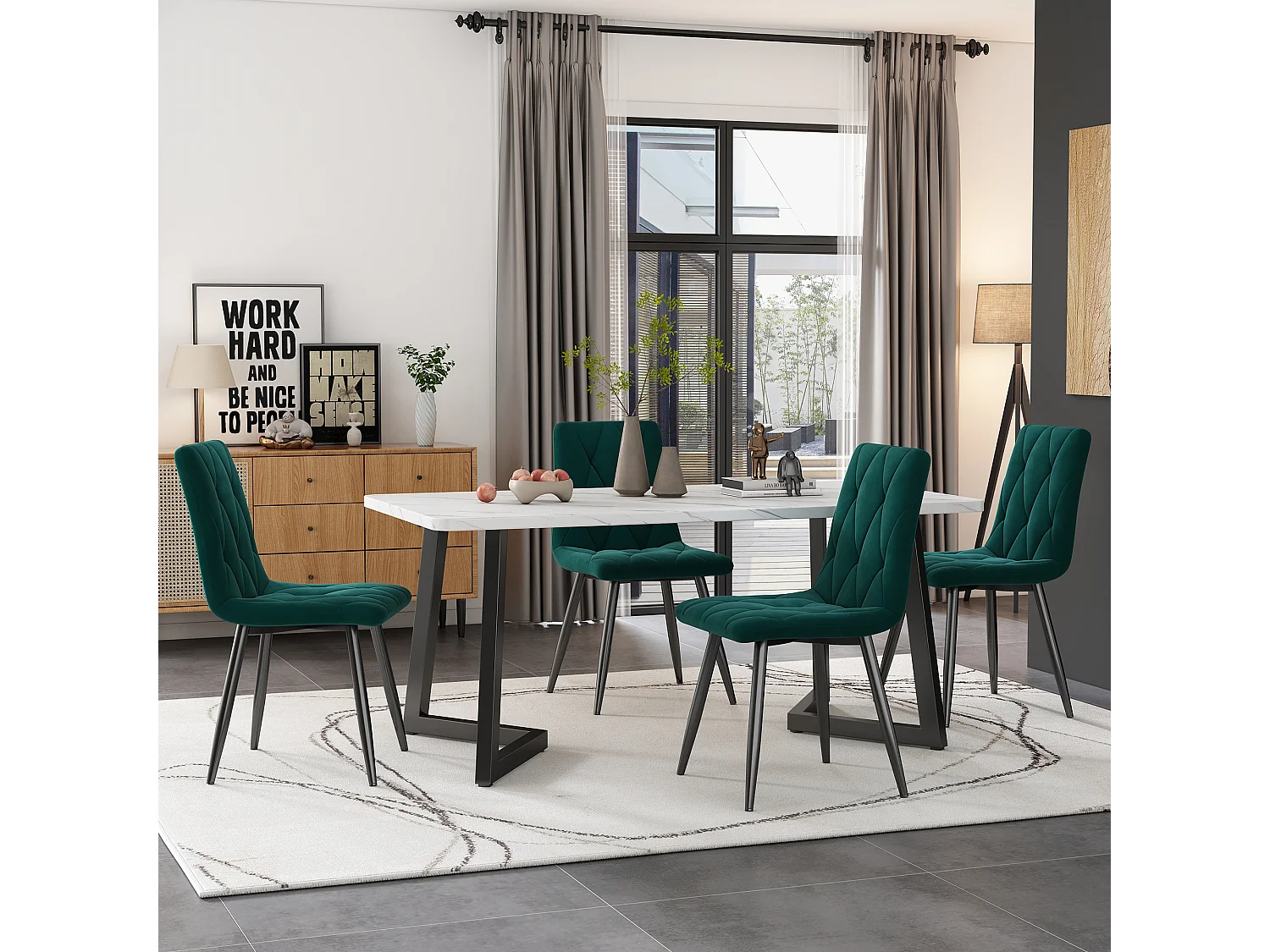 Essgruppe (5 stuks), Rechthoekige eettafel 117x68 cm met 4 donkergroene fluwelen stoelen, zwarte metalen poten