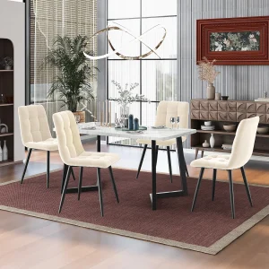Essgruppe (5 stuks), Rechthoekige tafel 117×68 cm met 4 stoelen in beige fluweel, zwarte metalen poten