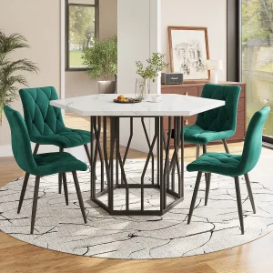 Eettafel- en stoelenset van 5 stuks, moderne marmeren zeshoekige tafel + 4 groene fluwelen stoelen, MDF + staal, zwart en groen (115,5 x 100 x 75 cm) Eettafel- en stoelenset van 5 stuks, moderne marmeren zeshoekige tafel + 4 groene fluwelen stoelen, MDF + staal, zwart en groen (115,5 x 100 x 75 cm)