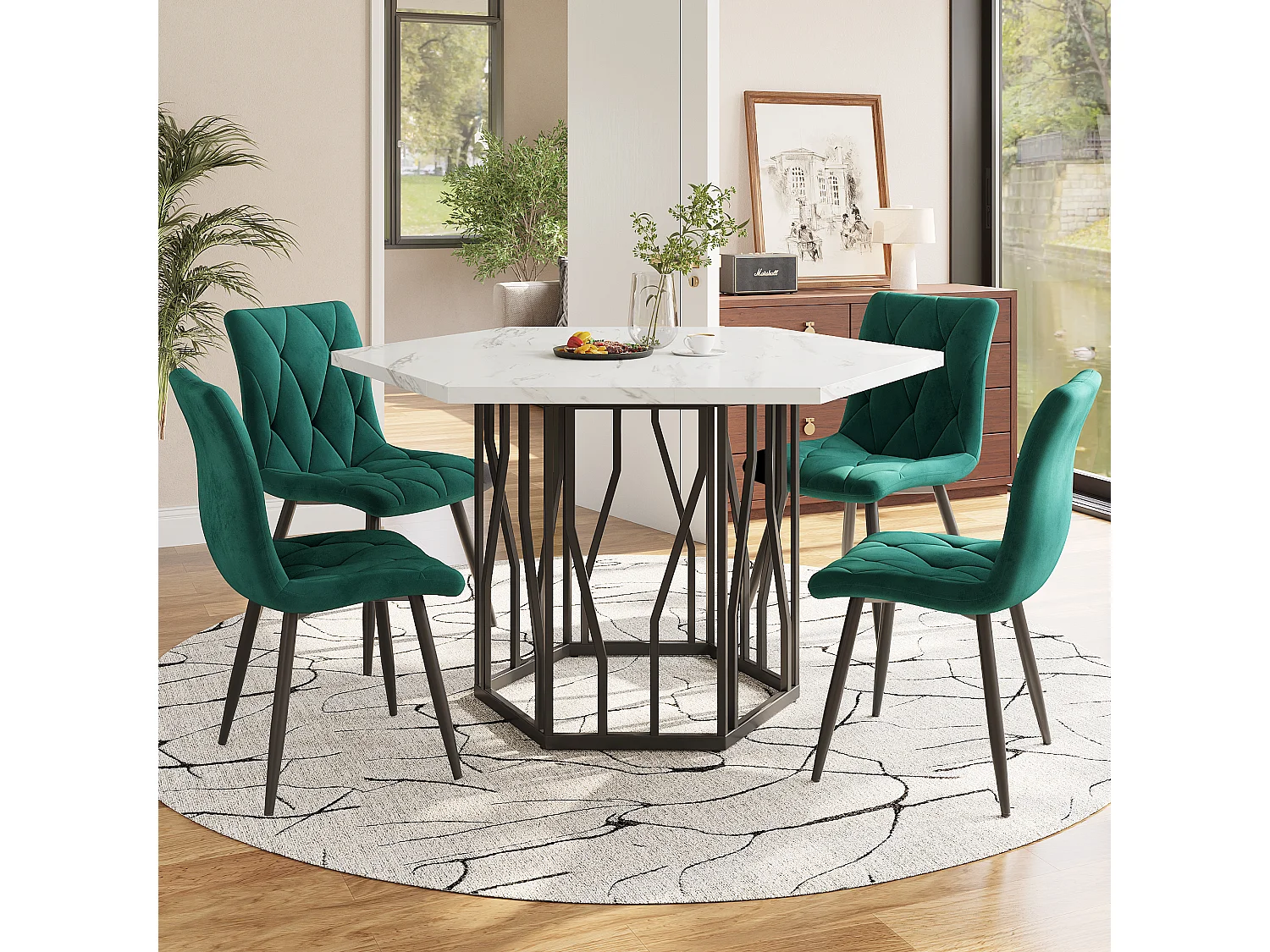 Eettafel- en stoelenset van 5 stuks, moderne marmeren zeshoekige tafel + 4 groene fluwelen stoelen, MDF + staal, zwart en groen (115,5 x 100 x 75 cm)