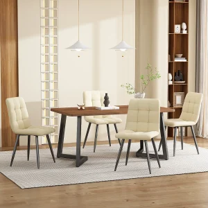 Eetkamerset van 5 stuks, tafel met 4 stoelen, afwerking van MDF-notenhout, poten van zwart metaal, stoelen van beige fluweel (140x80x75 cm) Eetkamerset van 5 stuks, tafel met 4 stoelen, afwerking van MDF-notenhout, poten van zwart metaal, stoelen van beige fluweel (140x80x75 cm)