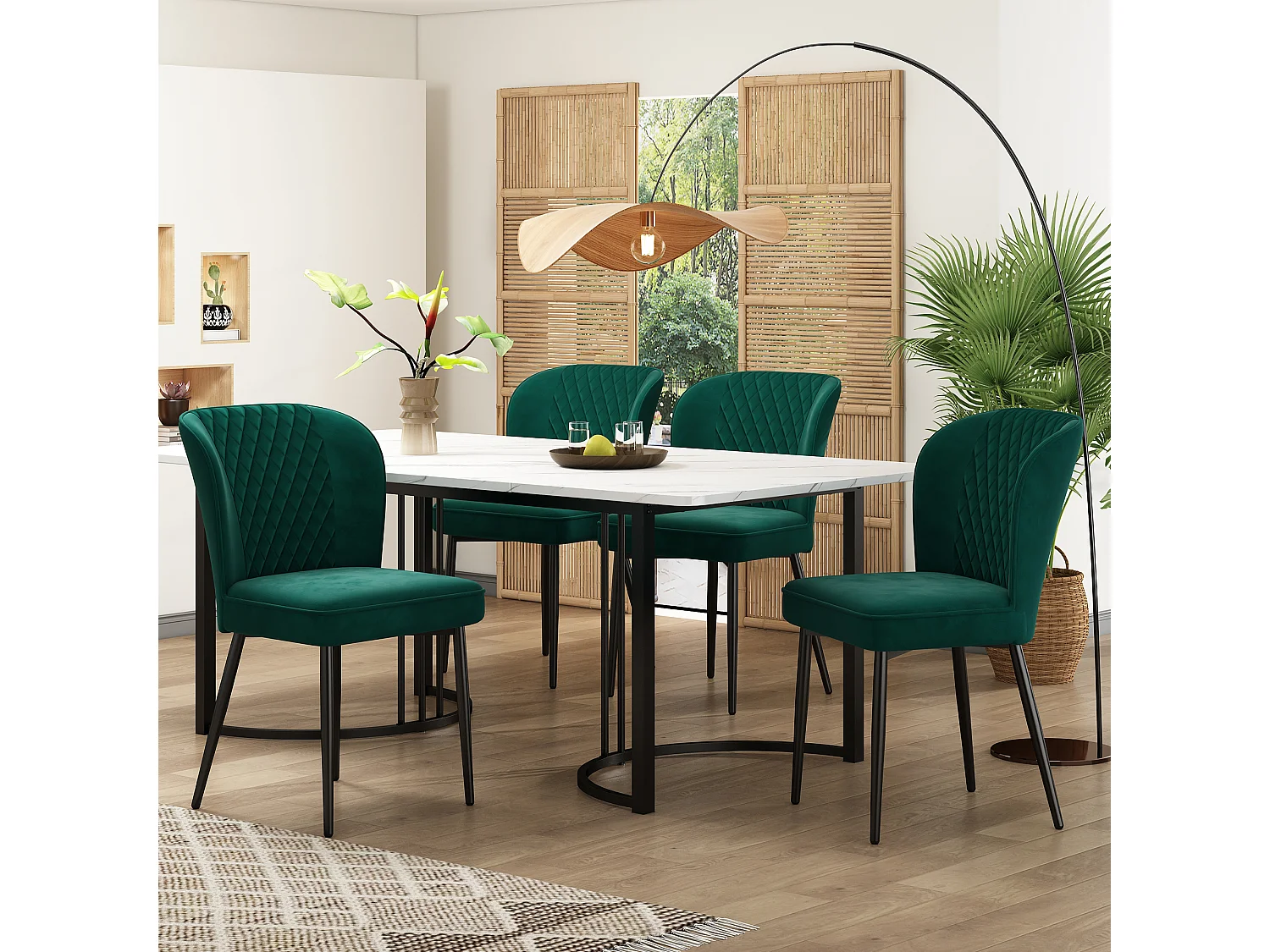 Eetkamerset, tafel 140x80x75 cm met 4 zwarte fluwelen stoelen, gouden metalen poten, wit MDF