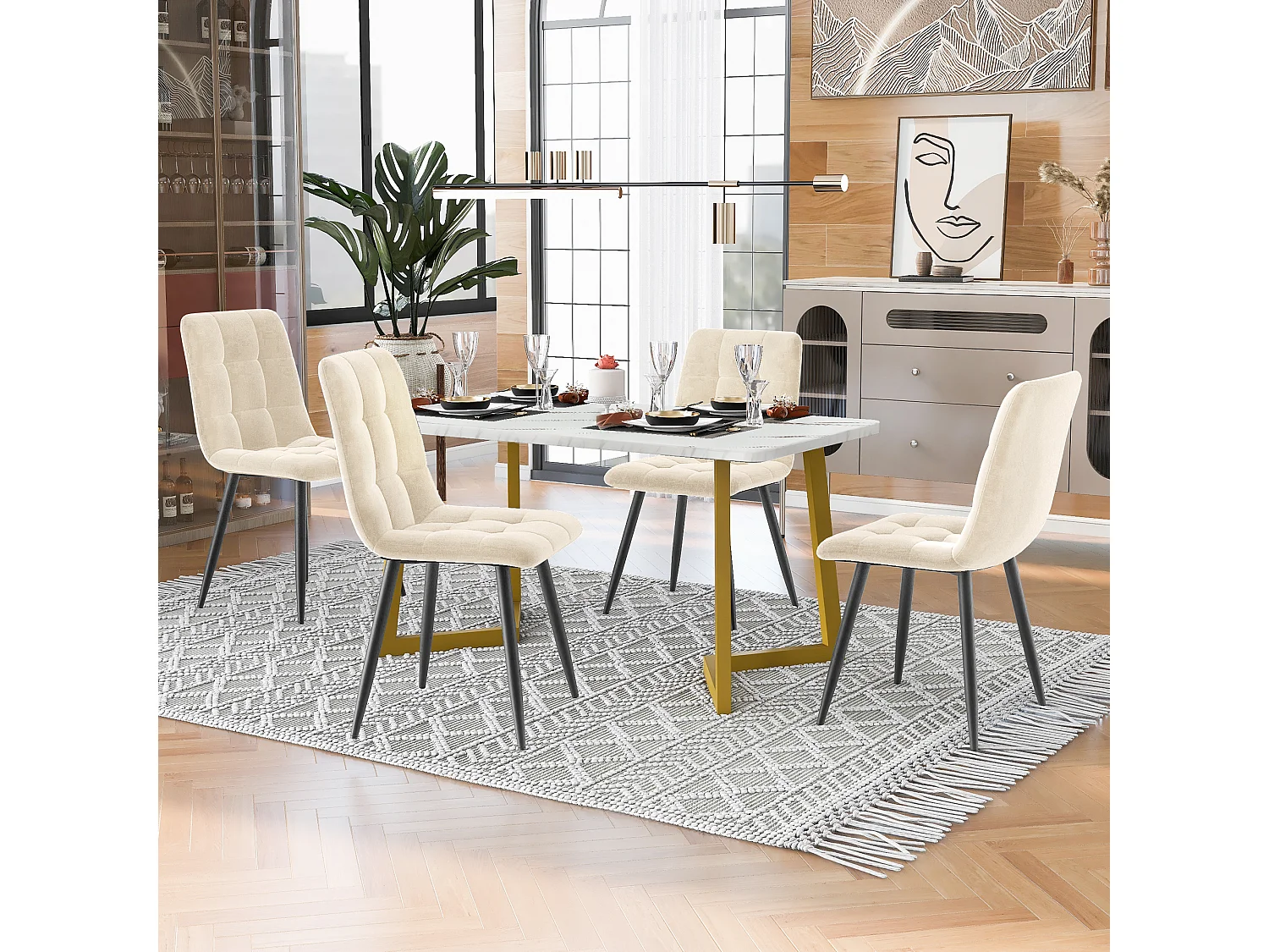 Essgruppe (5-delig), 117x68 cm Esstisch met 4 stoelen, moderne rechthoekige tafel, MDF, beige, gouden metalen poten, grijze fluwelen stoelen
