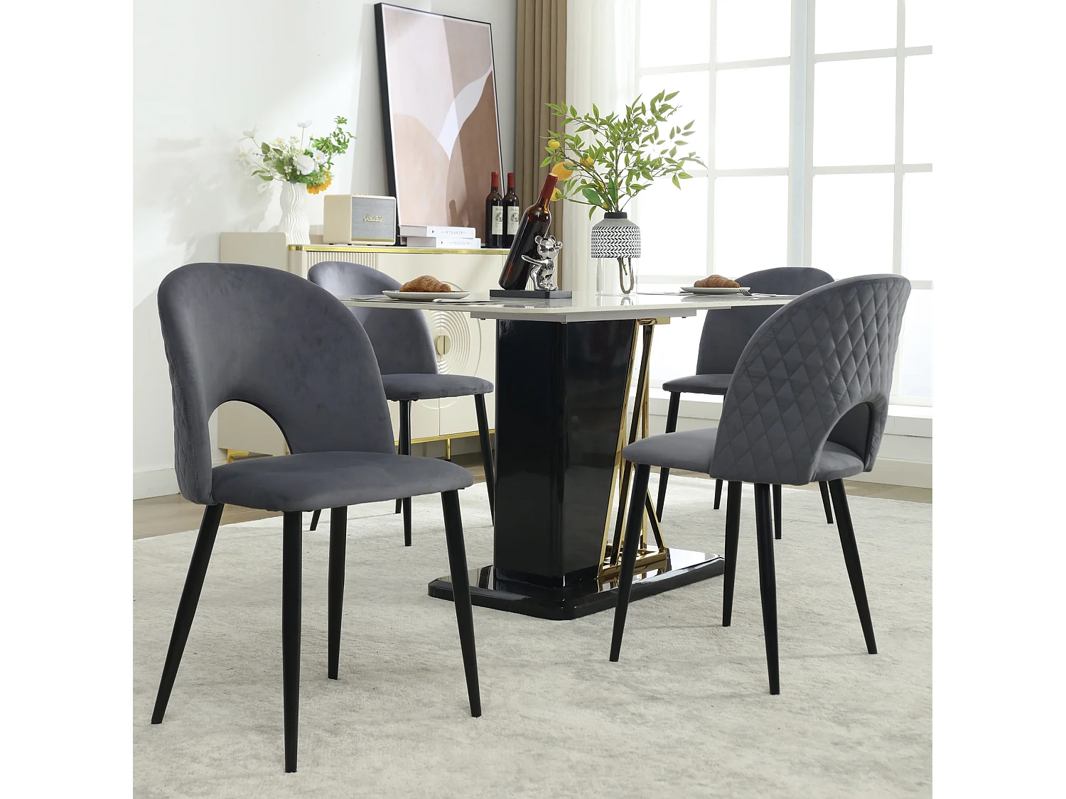 Eetkamerstoel (4 stuks), designstoel met rugleuning, metalen frame, verstelbare poten, ruitpatroon op de rugleuning, grijs