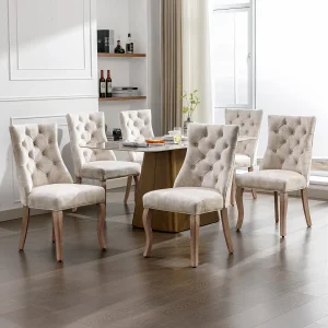 Eetkamerstoelen (4 stuks), Beige fluwelen stoel, Hoge rugleuning met knopen, Massief houten poten, (45x40x86 cm)