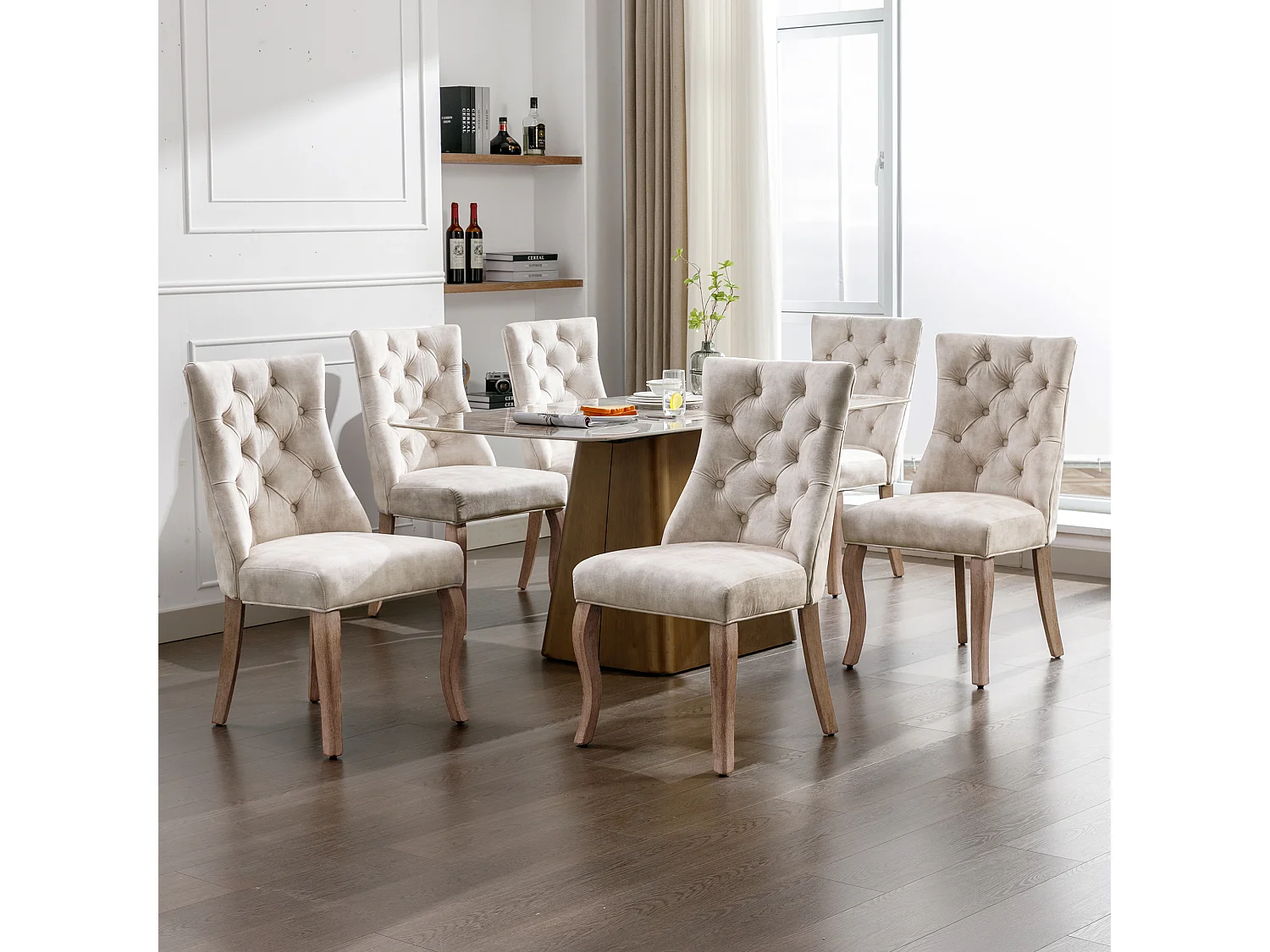 Eetkamerstoelen (4 stuks), Beige fluwelen stoel, Hoge rugleuning met knopen, Massief houten poten, (45x40x86 cm)
