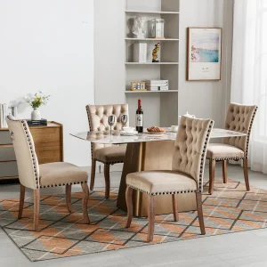 Eetkamerstoelen met decoratieve bel, set van 4, poten van massief hout, licht kameelkleurig fluweel, decoratieve spijkers (49x63x95 cm)