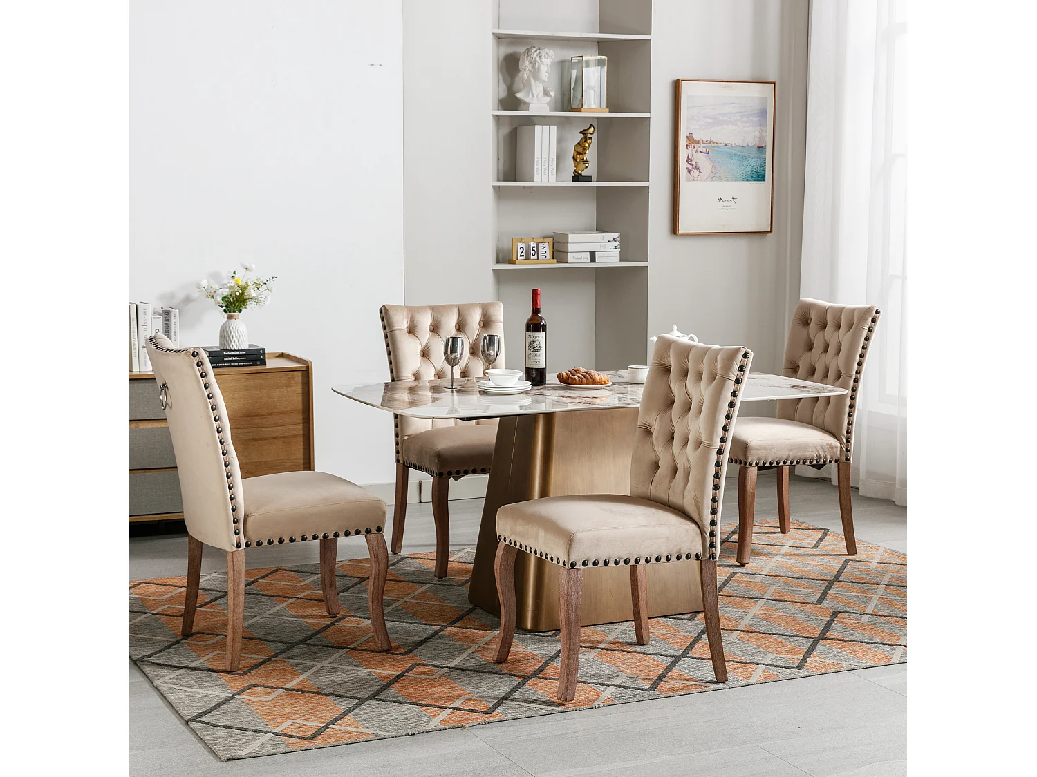 Eetkamerstoelen met decoratieve bel, set van 4, poten van massief hout, licht kameelkleurig fluweel, decoratieve spijkers (49x63x95 cm)