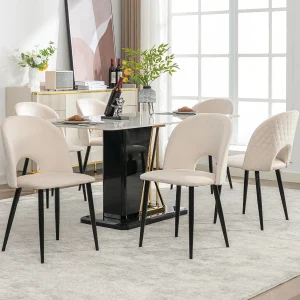 Eetkamerstoel met 6 stoelen, gestoffeerd met rugleuning, beige fluwelen zitting, verstelbare metalen poten, ruitpatroon (47x44x84 cm) Eetkamerstoel met 6 stoelen, gestoffeerd met rugleuning, beige fluwelen zitting, verstelbare metalen poten, ruitpatroon (47x44x84 cm)