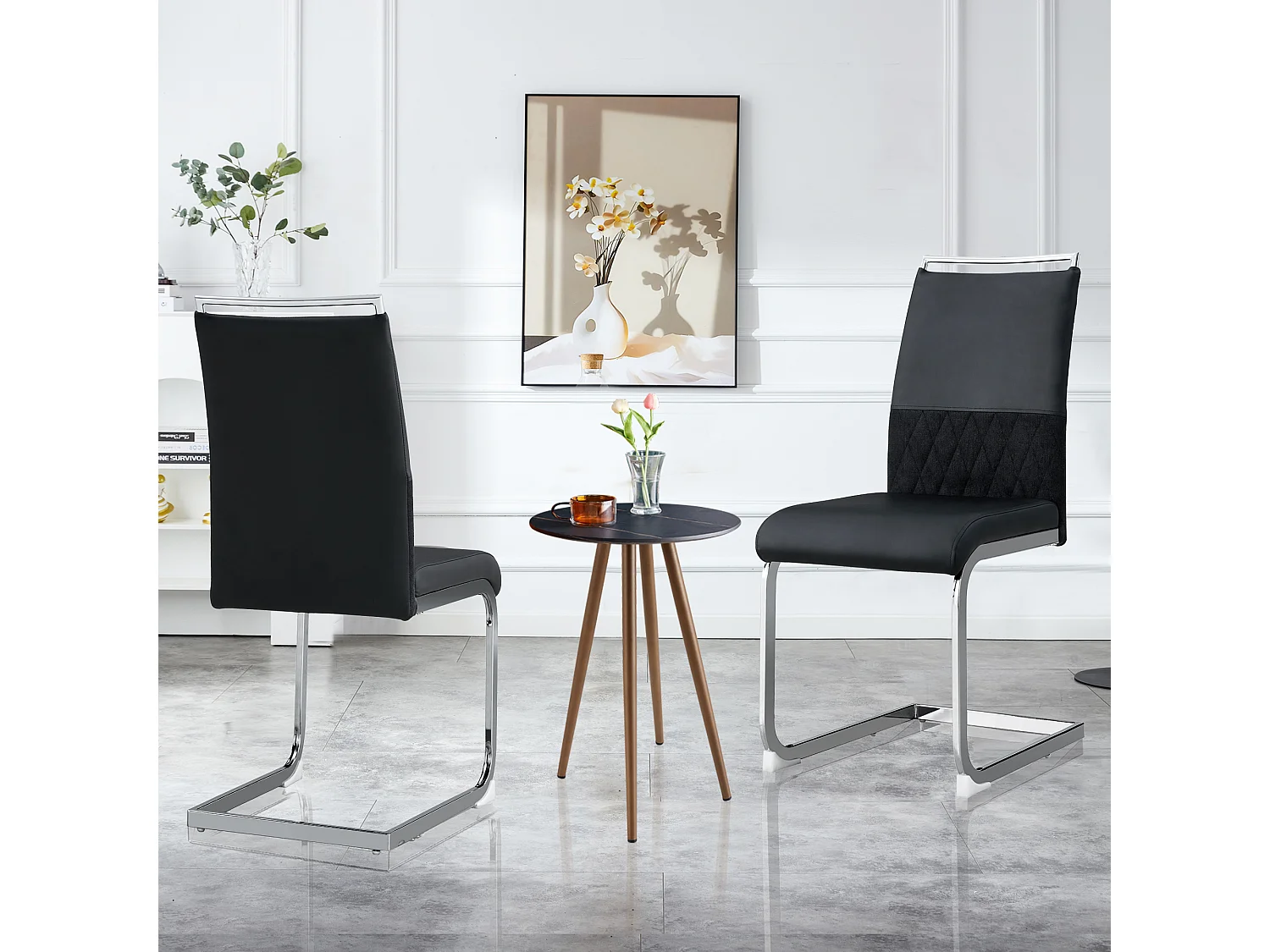 Eetkamerstoelen, set van 2, hoge rugleuning van PU-leer en linnen, decoratieve studs, metaal, zwart fluweel (42x45x83,7 cm)