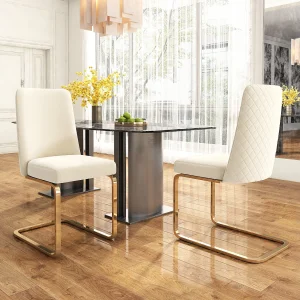 Fluwelen stoel, 4 stuks, ruitmotief, goudkleurig metaal, beige (47x63x85 cm)