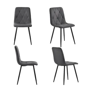 Eetkamerstoelen (4 stuks), donkergrijs linnen, zwarte metalen poten, jute rugleuning (45x40x86 cm)