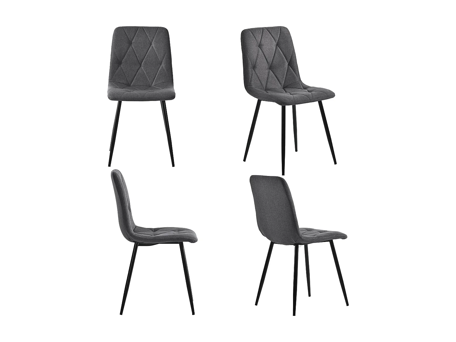 Eetkamerstoelen (4 stuks), donkergrijs linnen, zwarte metalen poten, jute rugleuning (45x40x86 cm)