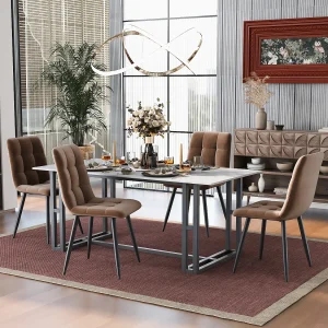 Eetkamerstoel (set van 4), gestoffeerde stoel met rugleuning en armleuningen, bruine fluwelen zitting, metalen poten, (44x44x85 cm)
