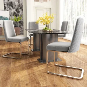 Fluwelen eetkamerstoelen, set van 4, ruitmotief, zilverkleurig metaal, grijs (47x63x85 cm)