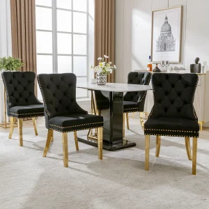 Eetkamerstoel van fluweel, decoratieve spijkers, gouden roestvrijstalen poten, zwart/goud (50,5x45x95 cm)
