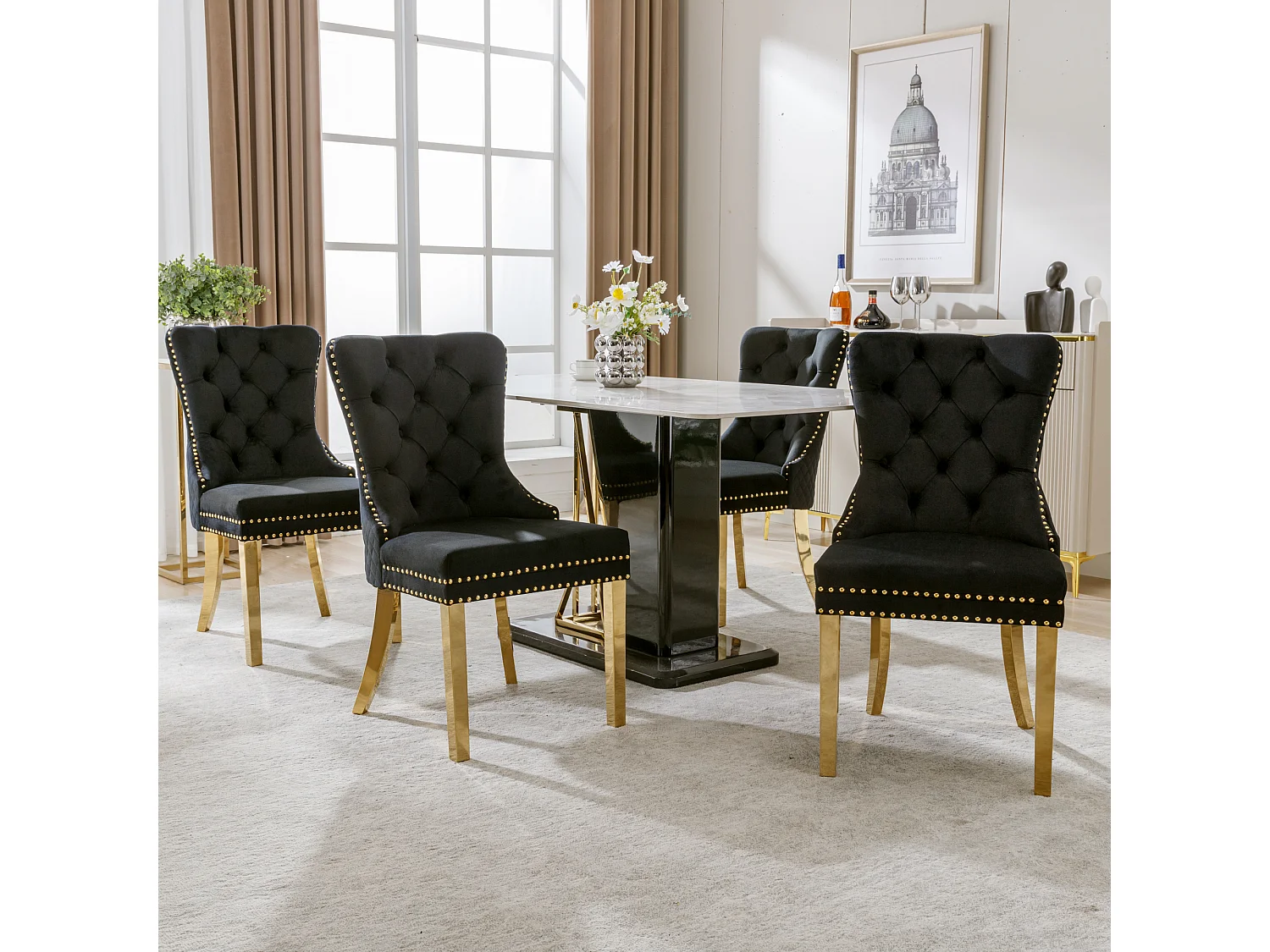 Eetkamerstoel van fluweel, decoratieve spijkers, gouden roestvrijstalen poten, zwart/goud (50,5x45x95 cm)