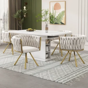 Eetkamerstoelset van 4, modern design, fluwelen bekleding, gouden metalen poten, beige (50x45x91 cm) Eetkamerstoelset van 4, modern design, fluwelen bekleding, gouden metalen poten, beige (50x45x91 cm)