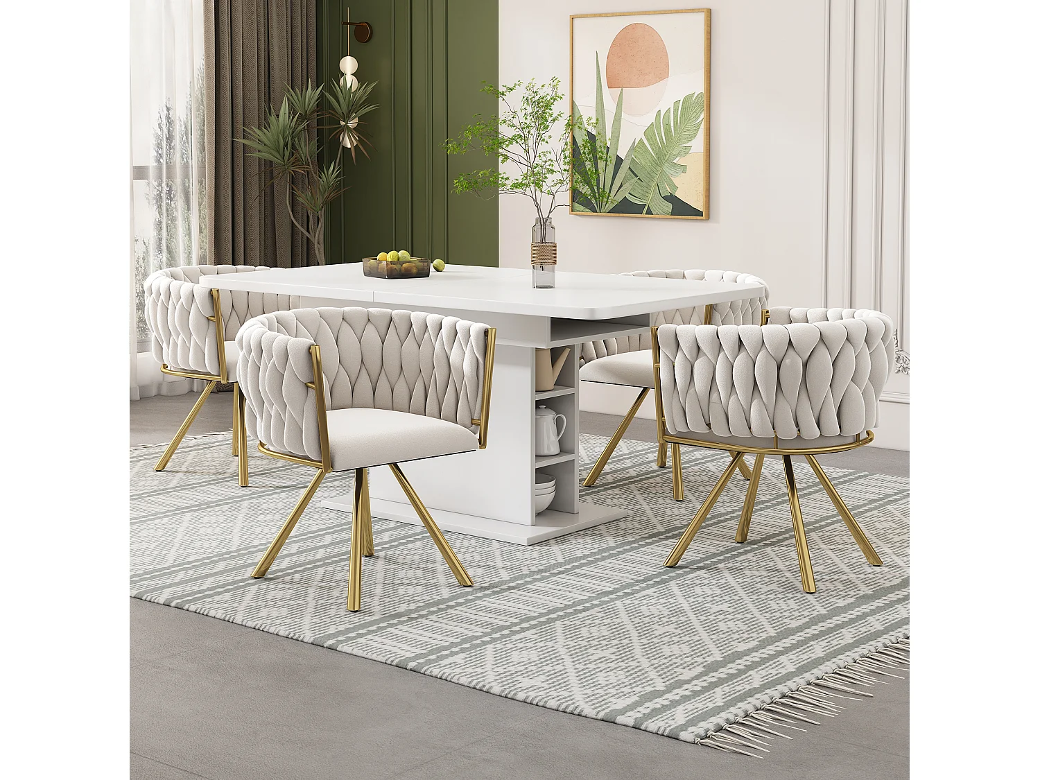 Eetkamerstoelset van 4, modern design, fluwelen bekleding, gouden metalen poten, beige (50x45x91 cm)