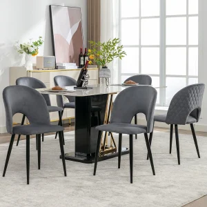 Eetkamerstoelenset van 6 stuks, hoge rugleuning, grijs fluweel, poten van goudkleurig metaal, ruitpatroon, verstelbare poten (47x44x84 cm)