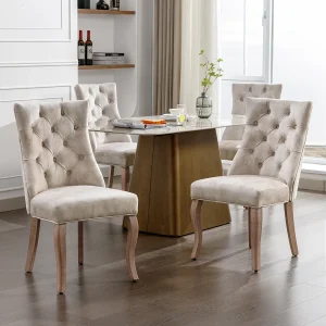 Eetkamerstoel, hoge rugleuning in beige fluweel, met stoffering, poten van massief hout, set van 4 (45x40x86 cm)
