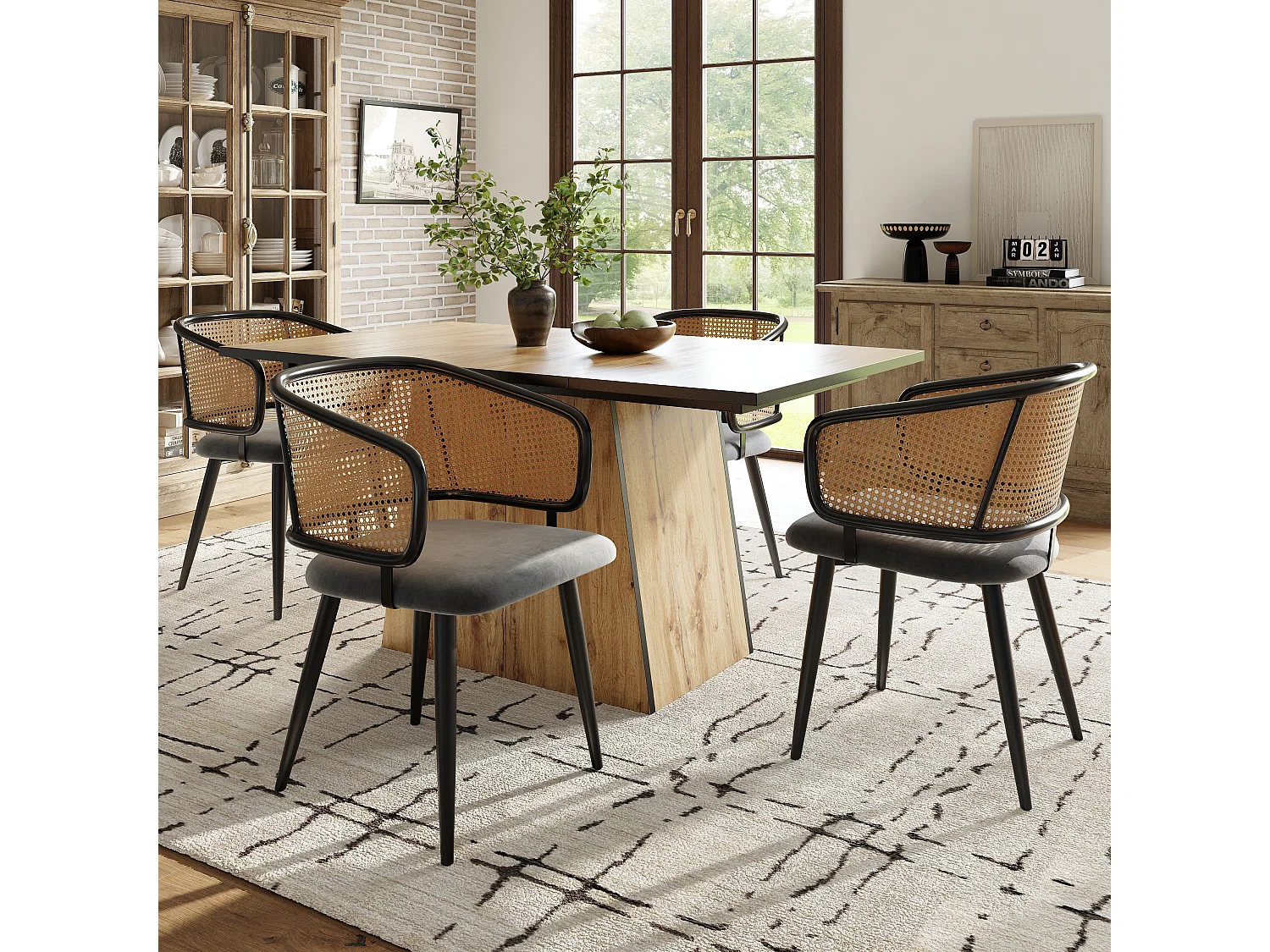 Eetkamerstoelen van rotan (4 stuks), fluwelen kussen, modern design, metalen poten, grijs (47x51x79 cm)