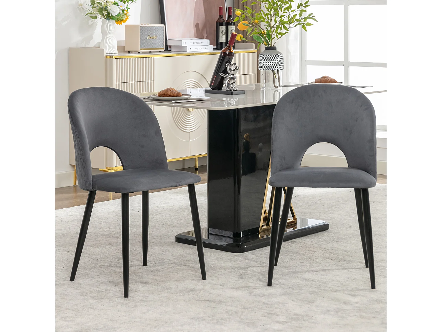 Eetkamerstoel (2 stuks), designstoel met rugleuning, metalen frame, verstelbare poten, ruitpatroon op de rugleuning, grijs (47x44x84 cm)