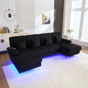 Fluwelen hoekbank met ledverlichting en USB-C-aansluitingen, modern design, zwart (240x170x85cm) Fluwelen hoekbank met ledverlichting en USB-C-aansluitingen, modern design, zwart (240x170x85cm)
