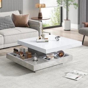 Functionele salontafel met 360° draaibaar blad, wit MDF en marmerlook, (70x70x36 cm) Functionele salontafel met 360° draaibaar blad, wit MDF en marmerlook, (70x70x36 cm)