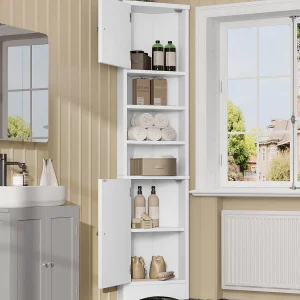 Driehoekig badmeubel 36,5×24,5×170 cm – 3 open vakken – 2 deuren – wit