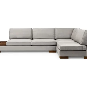Fluwelen hoekbank met notenhouten blad Bakiza 313 cm-Kleur Lichtgrijs-juiste hoek-Ottomaans met poef Fluwelen hoekbank met notenhouten blad Bakiza 313 cm-Kleur Lichtgrijs-juiste hoek-Ottomaans met poef