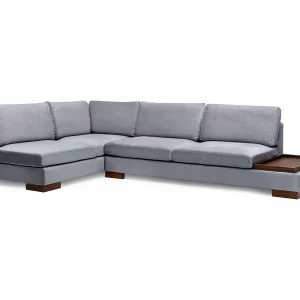 Fluwelen hoekbank met notenhouten blad Bakiza 313 cm-Kleur Grijs-linkerhoek-Ottomaans met poef Fluwelen hoekbank met notenhouten blad Bakiza 313 cm-Kleur Grijs-linkerhoek-Ottomaans met poef