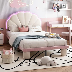 Eenpersoonsbed 90×200 met LED-strip, gestoffeerd met lattenbodem en ronde poten, roze Eenpersoonsbed 90×200 met LED-strip, gestoffeerd met lattenbodem en ronde poten, roze