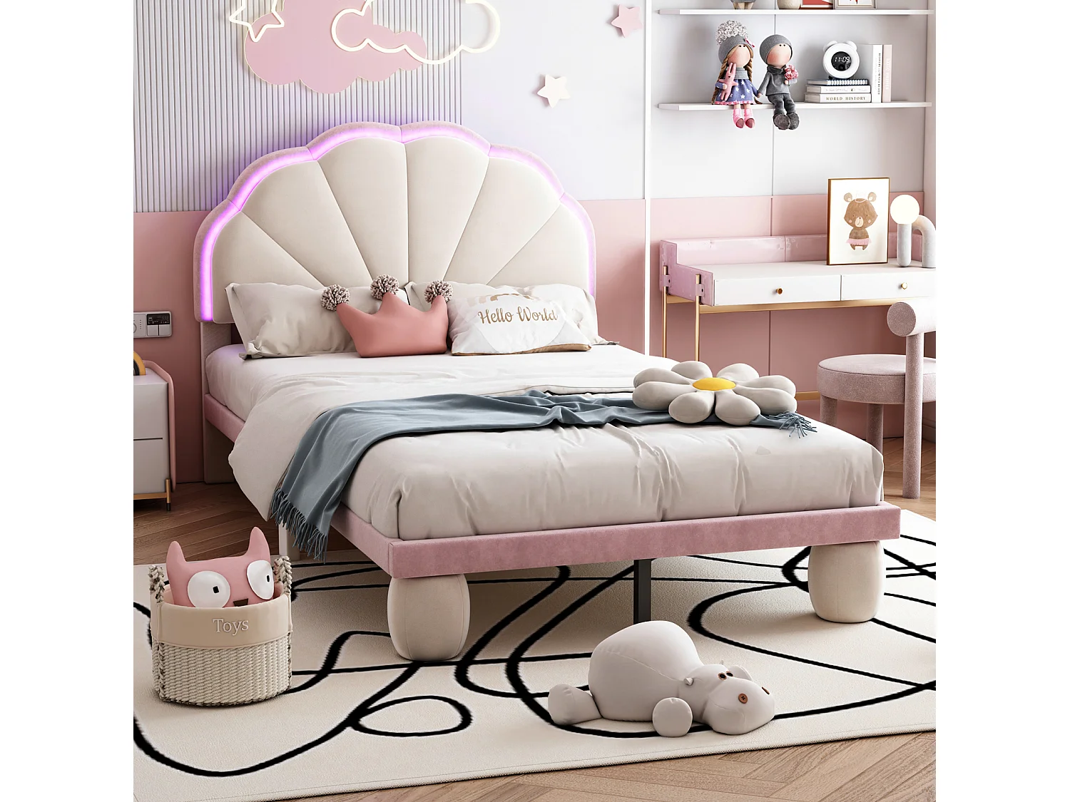 Eenpersoonsbed 90x200 met LED-strip, gestoffeerd met lattenbodem en ronde poten, roze