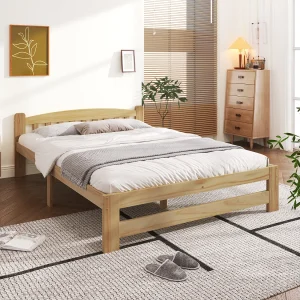 Eenpersoonsbed 140×200 cm, massief houten bed, met hoofdbord en lattenbodem, naturel