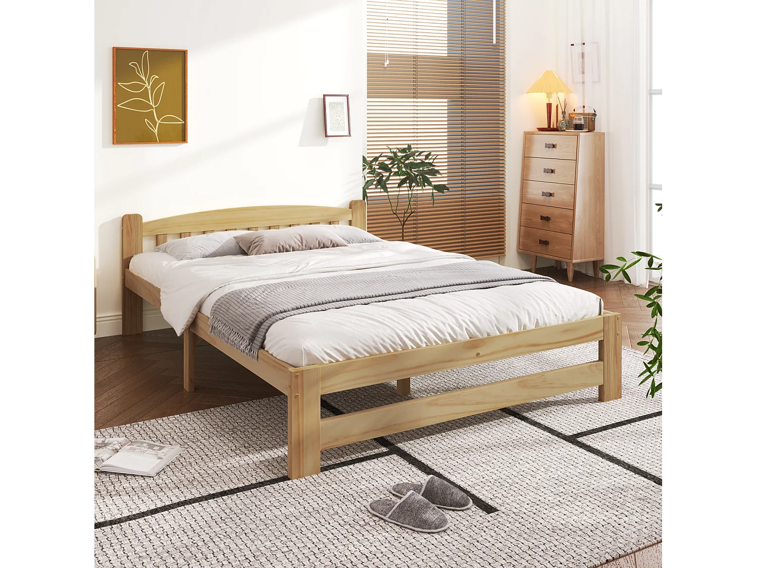 Eenpersoonsbed 140x200 cm, massief houten bed, met hoofdbord en lattenbodem, naturel