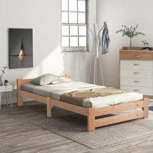 Futonbed van massief hout met hoofdbord en lattenbodem, 200 x 90 cm, natuurlijk hout Futonbed van massief hout met hoofdbord en lattenbodem, 200 x 90 cm, natuurlijk hout