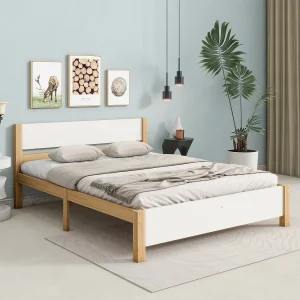 Eenpersoonsbed 140 x 200 cm, met centrale poot, hoofdeinde en voeteneinde van MDF, Wit + Naturel