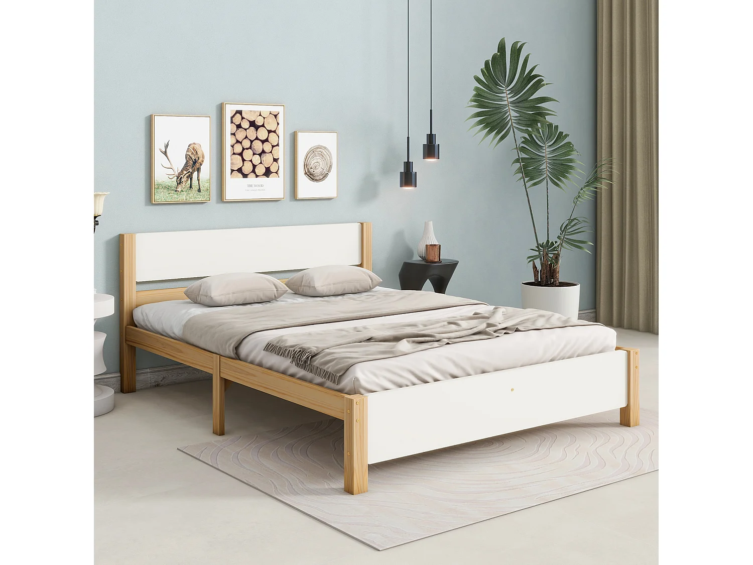 Eenpersoonsbed 140 x 200 cm, met centrale poot, hoofdeinde en voeteneinde van MDF, Wit + Naturel