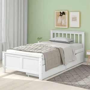 Eenpersoonsbed 90 x 200 cm met lades, massief houten frame, MDF hoofdbord, wit