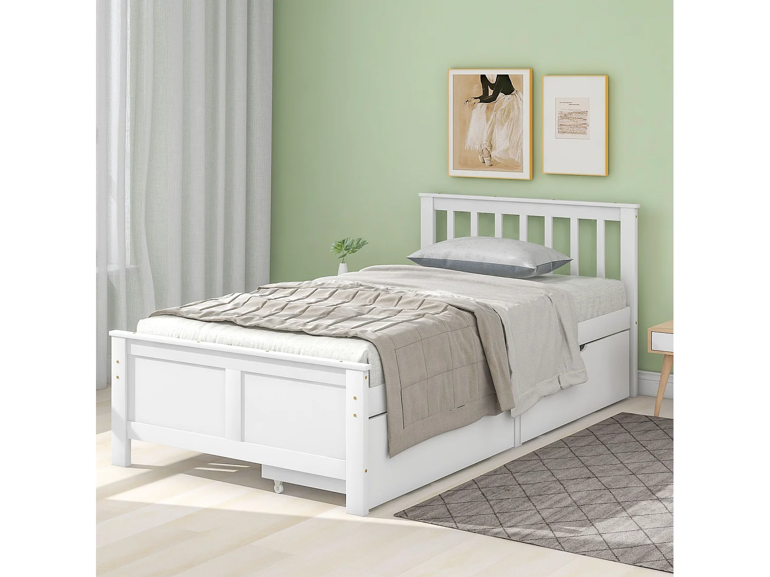 Eenpersoonsbed 90 x 200 cm met lades, massief houten frame, MDF hoofdbord, wit