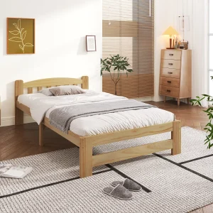 Eenpersoonsbed 90×200 cm, natuurlijk massief houten bed, met hoofdbord en lattenbodem, natuurlijk Eenpersoonsbed 90×200 cm, natuurlijk massief houten bed, met hoofdbord en lattenbodem, natuurlijk