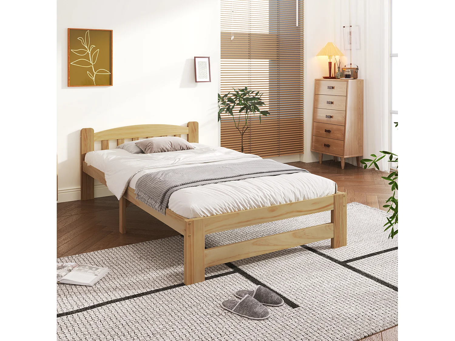 Eenpersoonsbed 90x200 cm, natuurlijk massief houten bed, met hoofdbord en lattenbodem, natuurlijk