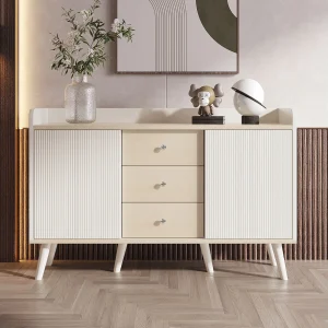 dressoir in wit en houtkleur, dressoir met 3 lades en 2 deuren, metalen handgrepen, voor slaapkamer en woonkamer dressoir in wit en houtkleur, dressoir met 3 lades en 2 deuren, metalen handgrepen, voor slaapkamer en woonkamer