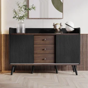 Dressoir in zwart en houtkleur, dressoir met 3 lades en 2 deuren, metalen handgrepen, voor slaapkamer en woonkamer Dressoir in zwart en houtkleur, dressoir met 3 lades en 2 deuren, metalen handgrepen, voor slaapkamer en woonkamer