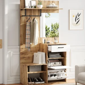 Garderobekast 100×38,5×190 cm – met spiegel en schoenenrek – met 1 la en 2 vakken – wit + naturel Garderobekast 100×38,5×190 cm – met spiegel en schoenenrek – met 1 la en 2 vakken – wit + naturel