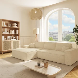 Hoekslaapbank met hoek links van beige ribfluweel, bed 140 cm, matras 13 cm met vormgeheugen DUNLOPILLO, AMELIA Hoekslaapbank met hoek links van beige ribfluweel, bed 140 cm, matras 13 cm met vormgeheugen DUNLOPILLO, AMELIA