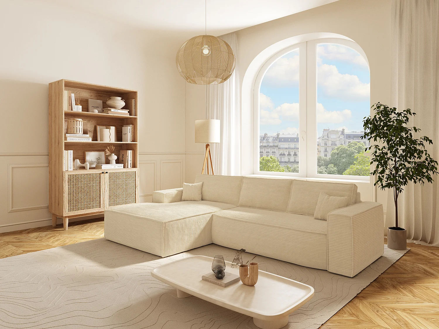 Hoekslaapbank met hoek links van beige ribfluweel, bed 140 cm, matras 13 cm met vormgeheugen DUNLOPILLO, AMELIA
