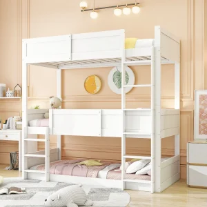 Driepersoons stapelbed 90×200 cm, massief houten lattenbodem, houten frame, uitvoering met hoge spijlen, wit (205x95x191 cm)